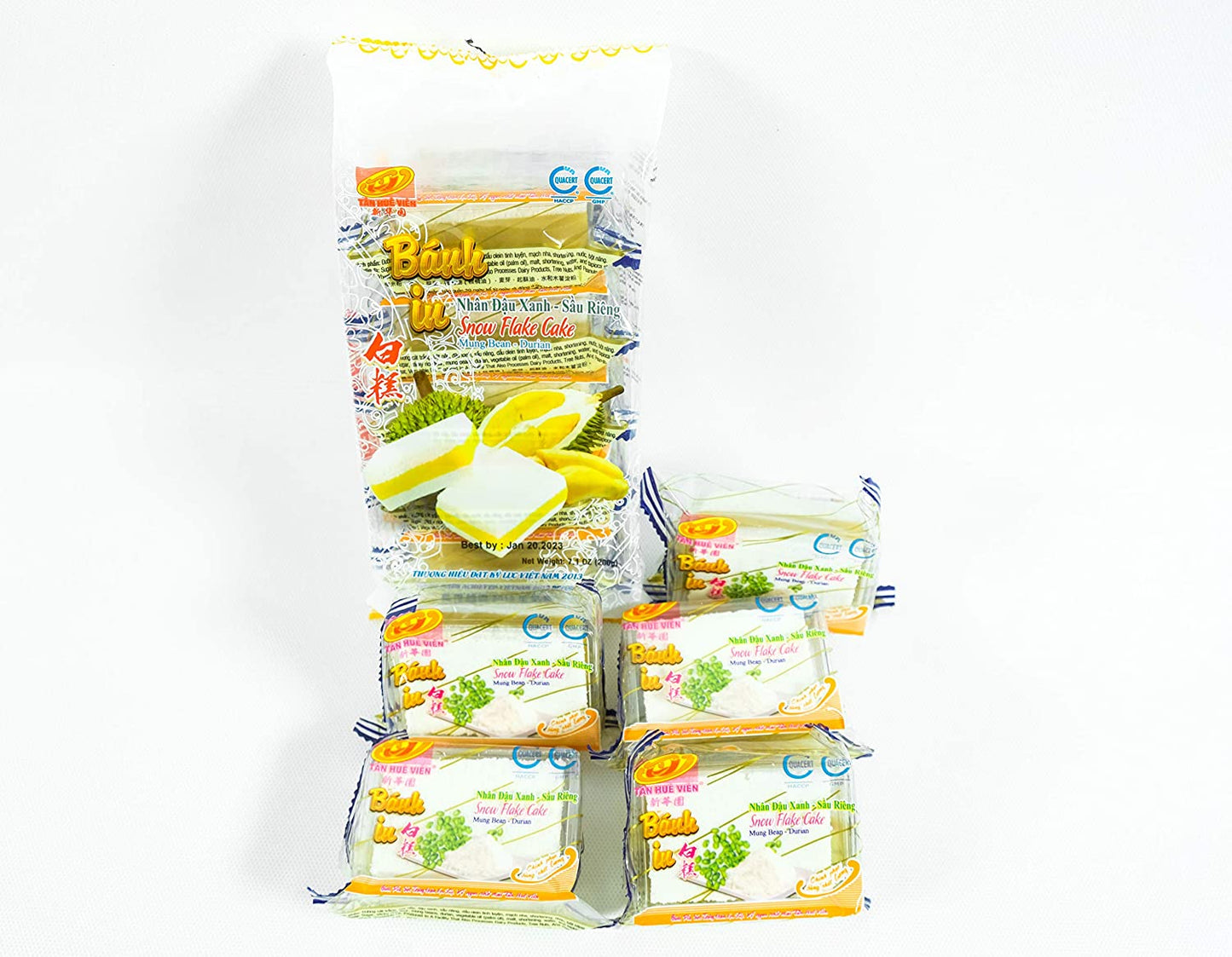 Banh In Viet Nam Dau Xanh Sau Rieng Snow Flake Cake Tan Hue Vien - Saigon Gourmet, Mung Bean & Durian, 7.1 Oz,